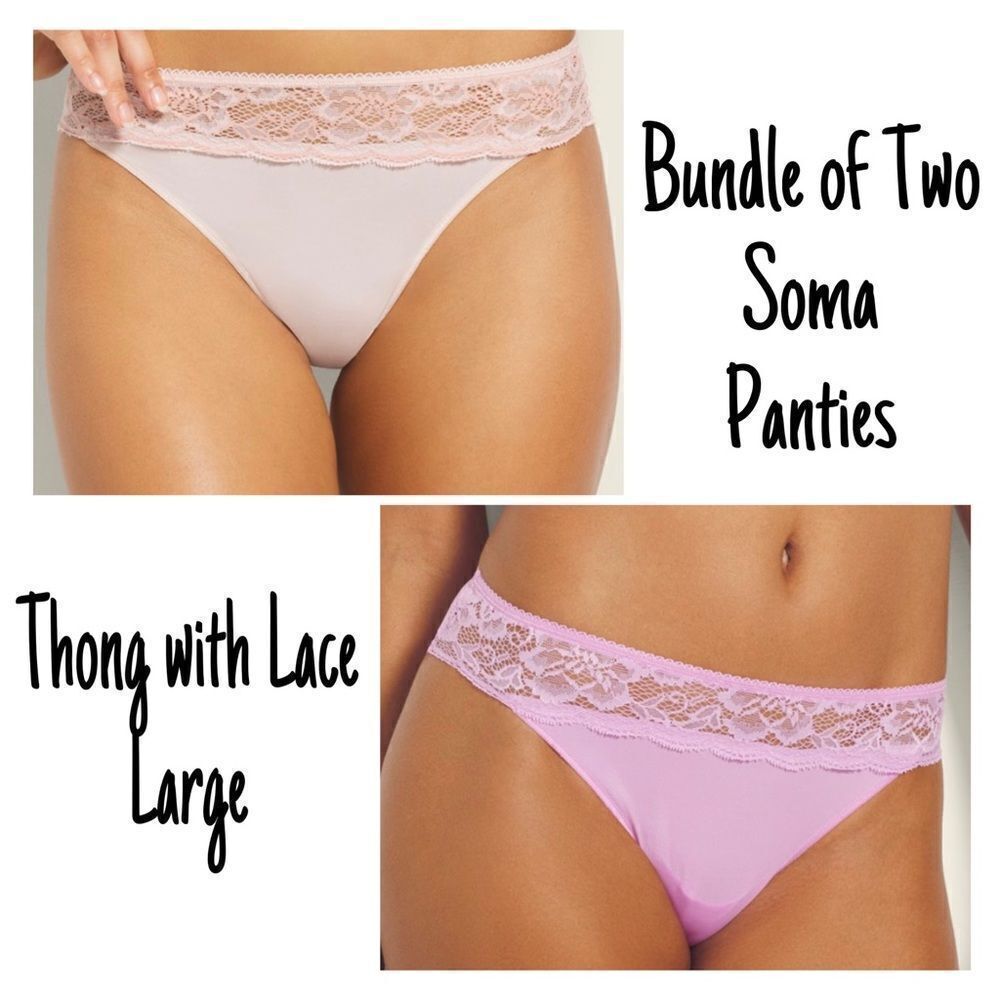 NWT New Sealed Soma Lot of Two (2) Vanishing Edge Thong Panties w/Lace Trim L